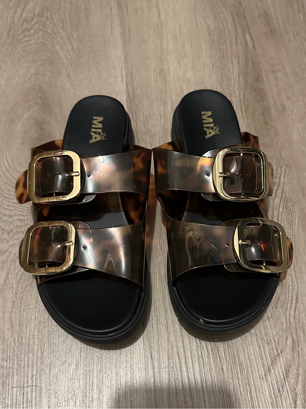 MIA Tortoiseshell Double Buckle Slide Sandals with Gold Buckles